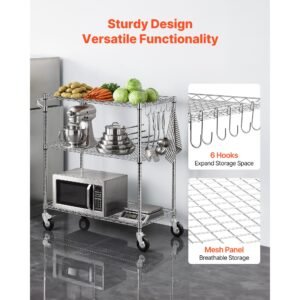 kitchen utility cart, 3 tier heavy duty adjustable wire storage rack, commercial steel rolling service trolley on wheels, work table with handle bar, for garage and laundry room, 35x17.8x40.9 in