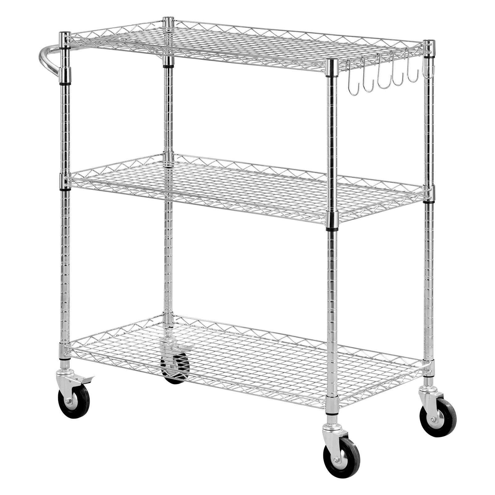 kitchen utility cart, 3 tier heavy duty adjustable wire storage rack, commercial steel rolling service trolley on wheels, work table with handle bar, for garage and laundry room, 35x17.8x40.9 in