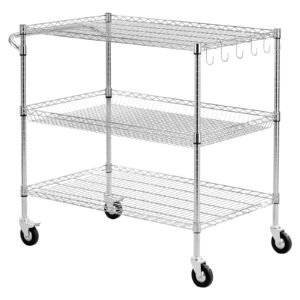 Kitchen Utility Cart, 3 Tier Heavy Duty Adjustable Wire Storage Rack, Commercial Steel Rolling Service Trolley on Wheels, Work Table with Handle Bar, for Garage and Laundry Room, 40x25x40.9 in