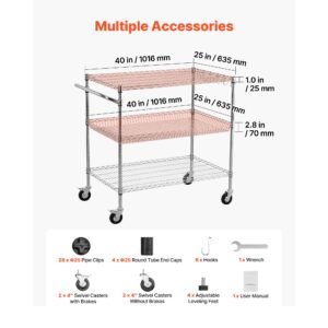 kitchen utility cart, 3 tier heavy duty adjustable wire storage rack, commercial steel rolling service trolley on wheels, work table with handle bar, for garage and laundry room, 40x25x40.9 in
