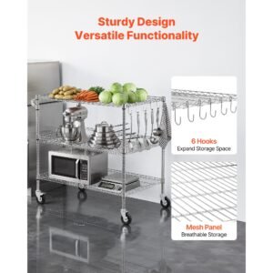 kitchen utility cart, 3 tier heavy duty adjustable wire storage rack, commercial steel rolling service trolley on wheels, work table with handle bar, for garage and laundry room, 40x25x40.9 in