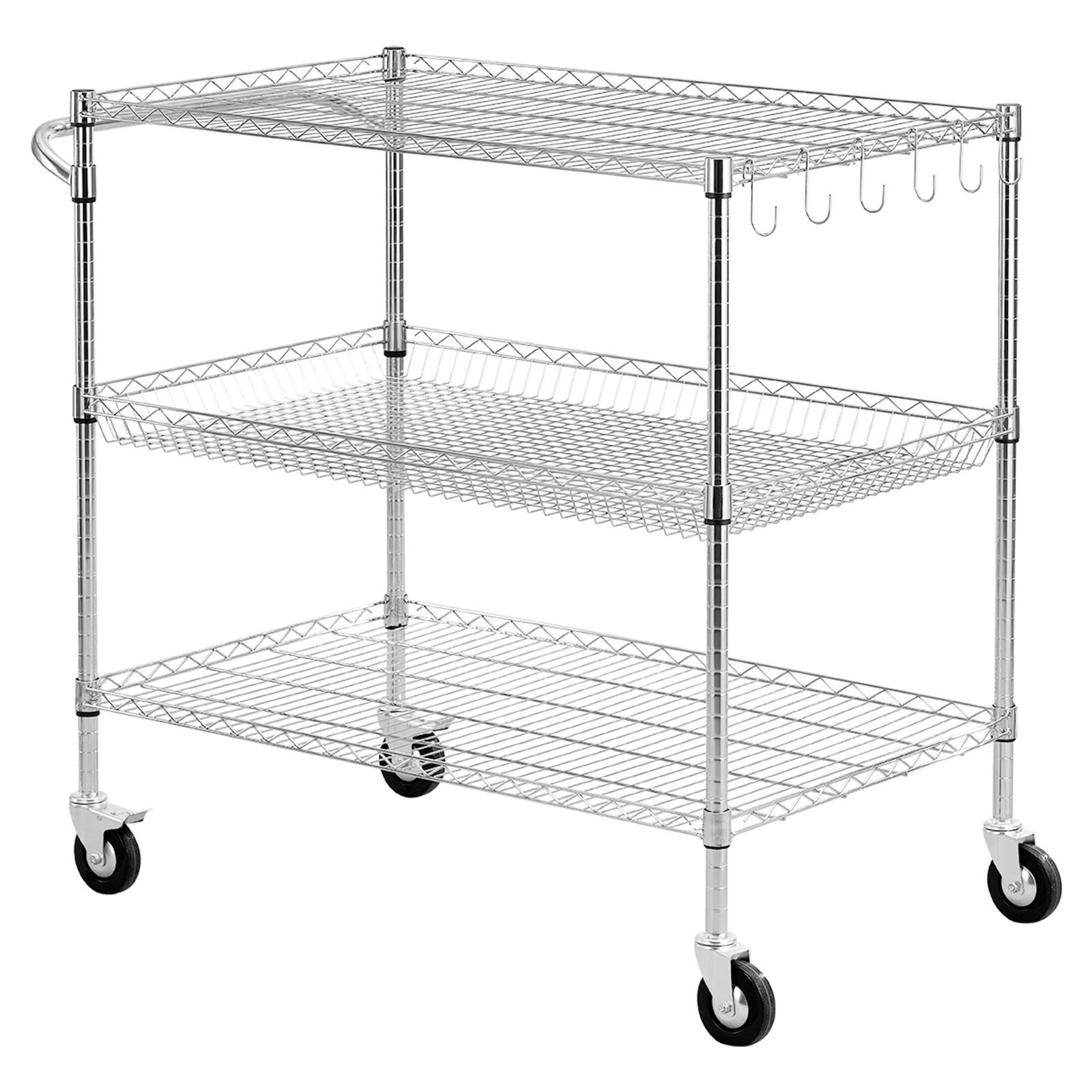 kitchen utility cart, 3 tier heavy duty adjustable wire storage rack, commercial steel rolling service trolley on wheels, work table with handle bar, for garage and laundry room, 40x25x40.9 in