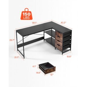 l shaped computer desk, 59 inch reversible corner gaming desk with drawers & storage shelves, modern stylish pc table sturdy work workstation for home office easy to assembly