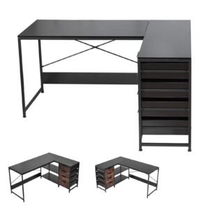 L-Shaped Computer Desk, 59-inch Reversible Corner Gaming Desk with Drawers & Storage Shelves, Modern Stylish PC Table Sturdy Work Workstation for Home Office - Easy to Assembly