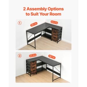 l shaped computer desk, 59 inch reversible corner gaming desk with drawers & storage shelves, modern stylish pc table sturdy work workstation for home office easy to assembly