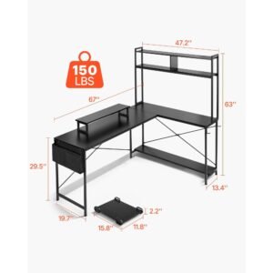 l shaped computer desk, 67 inch reversible corner gaming desk with monitor stand & movable cpu stand, modern stylish pc table sturdy work workstation for home office easy to assembly