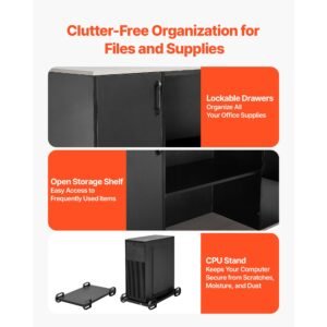 l shaped executive desk, large modern office table with drawers & storage cabinet, heavy duty wooden executive table with cpu stand, 350 lbs load capacity, easy assembly, for work study writing
