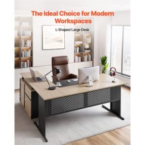 l shaped executive desk, modern reversible office table with drawers & storage cabinet, heavy duty large wooden executive table, 350 lbs load capacity, easy assembly, for work study writing