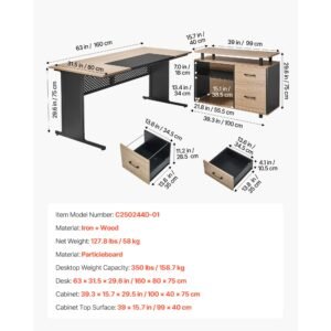l shaped executive desk, modern reversible office table with drawers & storage cabinet, heavy duty large wooden executive table, 350 lbs load capacity, easy assembly, for work study writing
