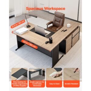 l shaped executive desk, modern reversible office table with drawers & storage cabinet, heavy duty large wooden executive table, 350 lbs load capacity, easy assembly, for work study writing