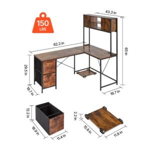 l shaped gaming desk with led lights, 62.2 inch reversible corner computer desk with power outlets, movable cpu stand & storage drawers, modern stylish pc gaming table for home office
