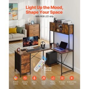 l shaped gaming desk with led lights, 62.2 inch reversible corner computer desk with power outlets, movable cpu stand & storage drawers, modern stylish pc gaming table for home office