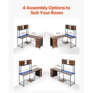 l shaped gaming desk with led lights, 62.2 inch reversible corner computer desk with power outlets, movable cpu stand & storage drawers, modern stylish pc gaming table for home office