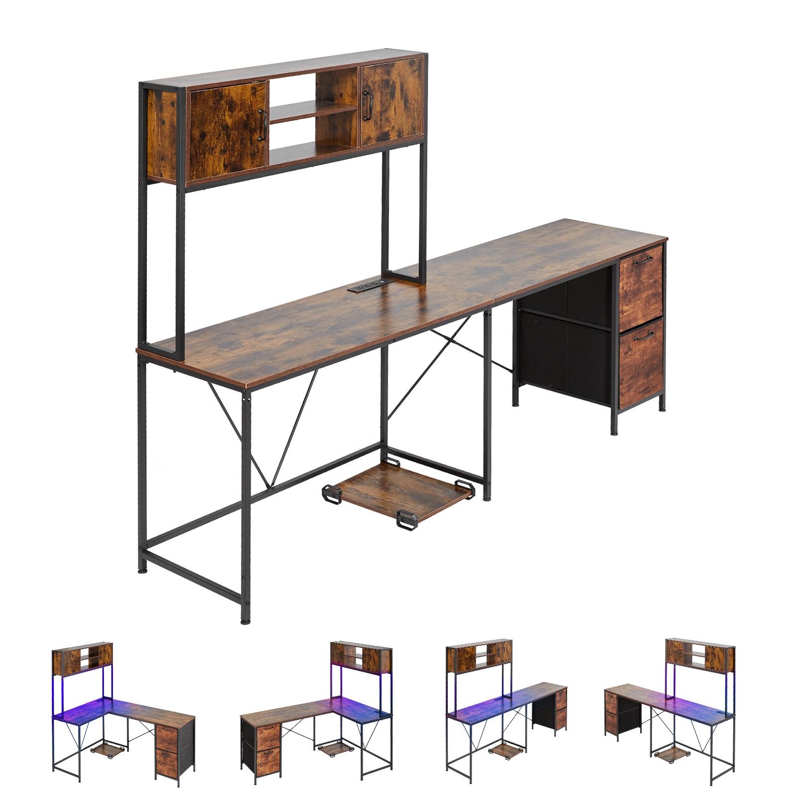 l shaped gaming desk with led lights, 62.2 inch reversible corner computer desk with power outlets, movable cpu stand & storage drawers, modern stylish pc gaming table for home office