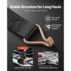 ladder rack ratchet straps, black square tube mount, 1.5 in wide x 7.4 ft long black ladder rack straps with double j hooks, 500 lbs load heavy duty, cargo buckle lock strap (8 pack)