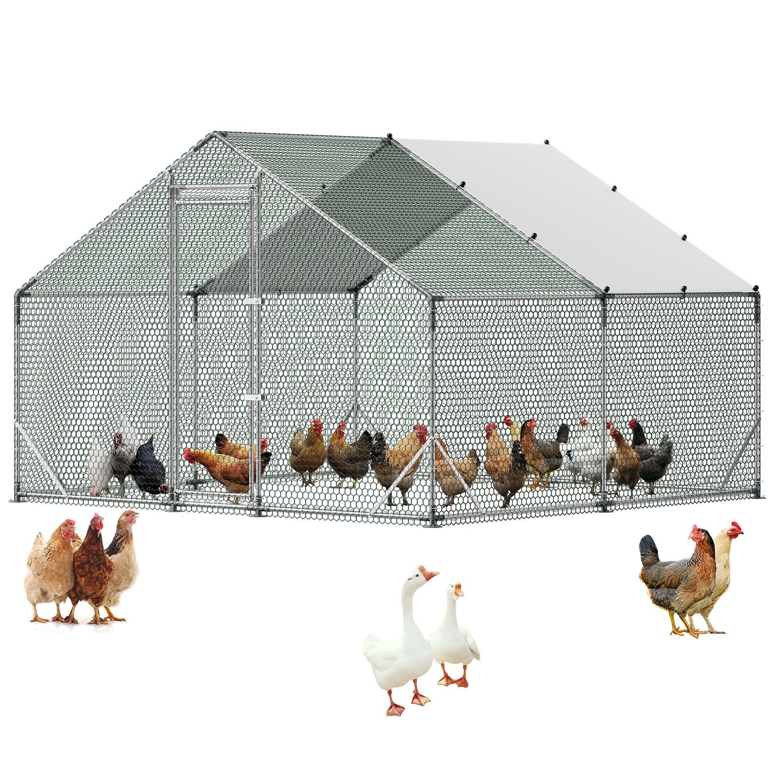large metal chicken coop, 9.8 x 9.8 x 6.6 ft, walk in chicken run house with waterproof cover & sturdy frame, spire roof poultry cage duck pen for rabbit hen goose outdoor backyard farm use