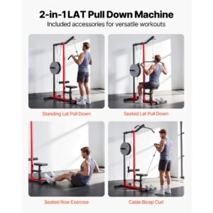 lat pull down machine, 2 in 1 row cable machine, cable machines home gym with 3 level adjustable seat, 4 level adjustable foam roller, load 500 lbs lat tower for back, chest, tricep, black red