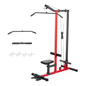 LAT Pull Down Machine, 2-in-1 Row Cable Machine, Cable Machines Home Gym with 3-Level Adjustable Seat, 4-Level Adjustable Foam Roller, Load 500 lbs Lat Tower for Back, Chest, Tricep, Black Red