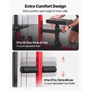 lat pull down machine, 2 in 1 row cable machine, cable machines home gym with 3 level adjustable seat, 4 level adjustable foam roller, load 500 lbs lat tower for back, chest, tricep, black red