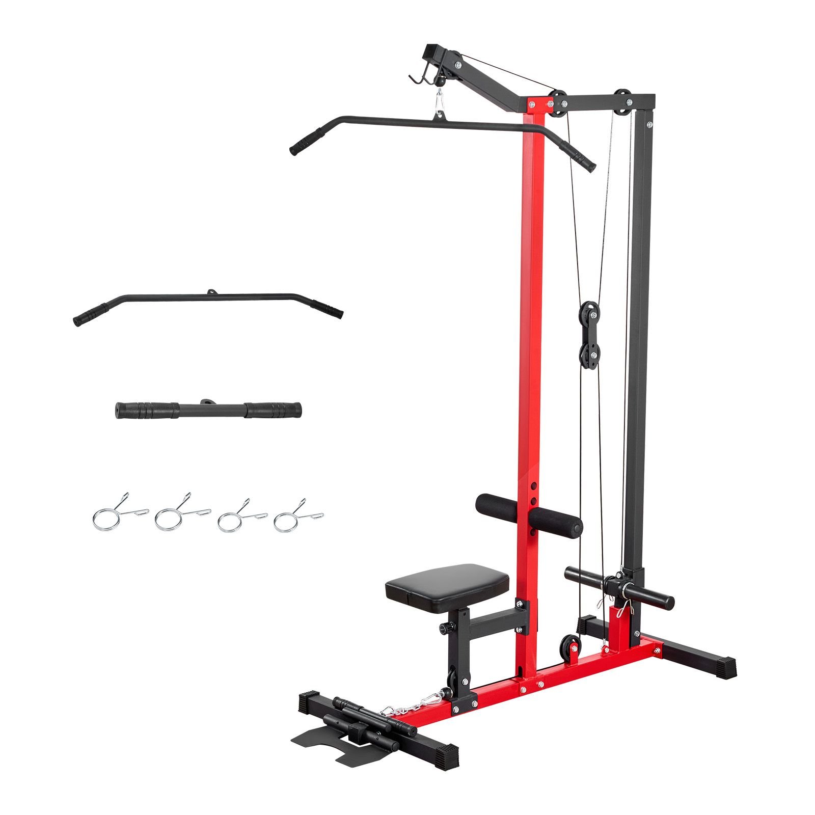 lat pull down machine, 2 in 1 row cable machine, cable machines home gym with 3 level adjustable seat, 4 level adjustable foam roller, load 500 lbs lat tower for back, chest, tricep, black red