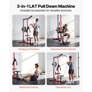 lat pull down machine, 3 in 1 row cable machine, cable machines home gym with 3 level adjustable seat, 4 level adjustable foam roller, load 400 lbs lat tower for back, chest, tricep, black
