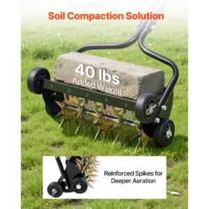 lawn aerator, 18 in manual push spike aerator with 4 wheels & handle, heavy duty grass aerators, supports 40 lbs added weight, rolling lawn aeration tool for garden yard aeration soil health