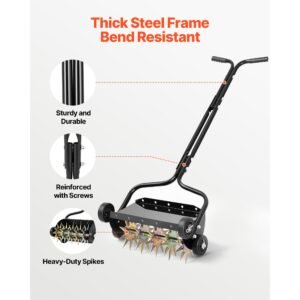 lawn aerator, 18 in manual push spike aerator with 4 wheels & handle, heavy duty grass aerators, supports 40 lbs added weight, rolling lawn aeration tool for garden yard aeration soil health