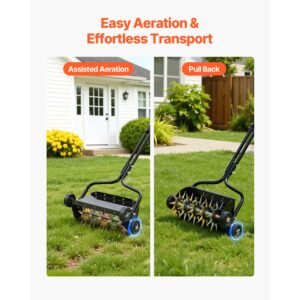 lawn aerator, 18 in manual push spike aerator with 4 wheels & handle, heavy duty grass aerators, supports 40 lbs added weight, rolling lawn aeration tool for garden yard aeration soil health