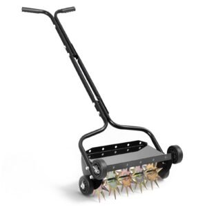 Lawn Aerator, 18 in Manual Push Spike Aerator with 4 Wheels & Handle, Heavy Duty Grass Aerators, Supports 40 lbs Added Weight, Rolling Lawn Aeration Tool for Garden Yard Aeration Soil Health