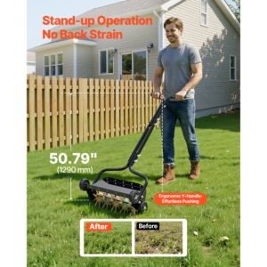 lawn aerator, 18 in manual push spike aerator with 4 wheels & handle, heavy duty grass aerators, supports 40 lbs added weight, rolling lawn aeration tool for garden yard aeration soil health