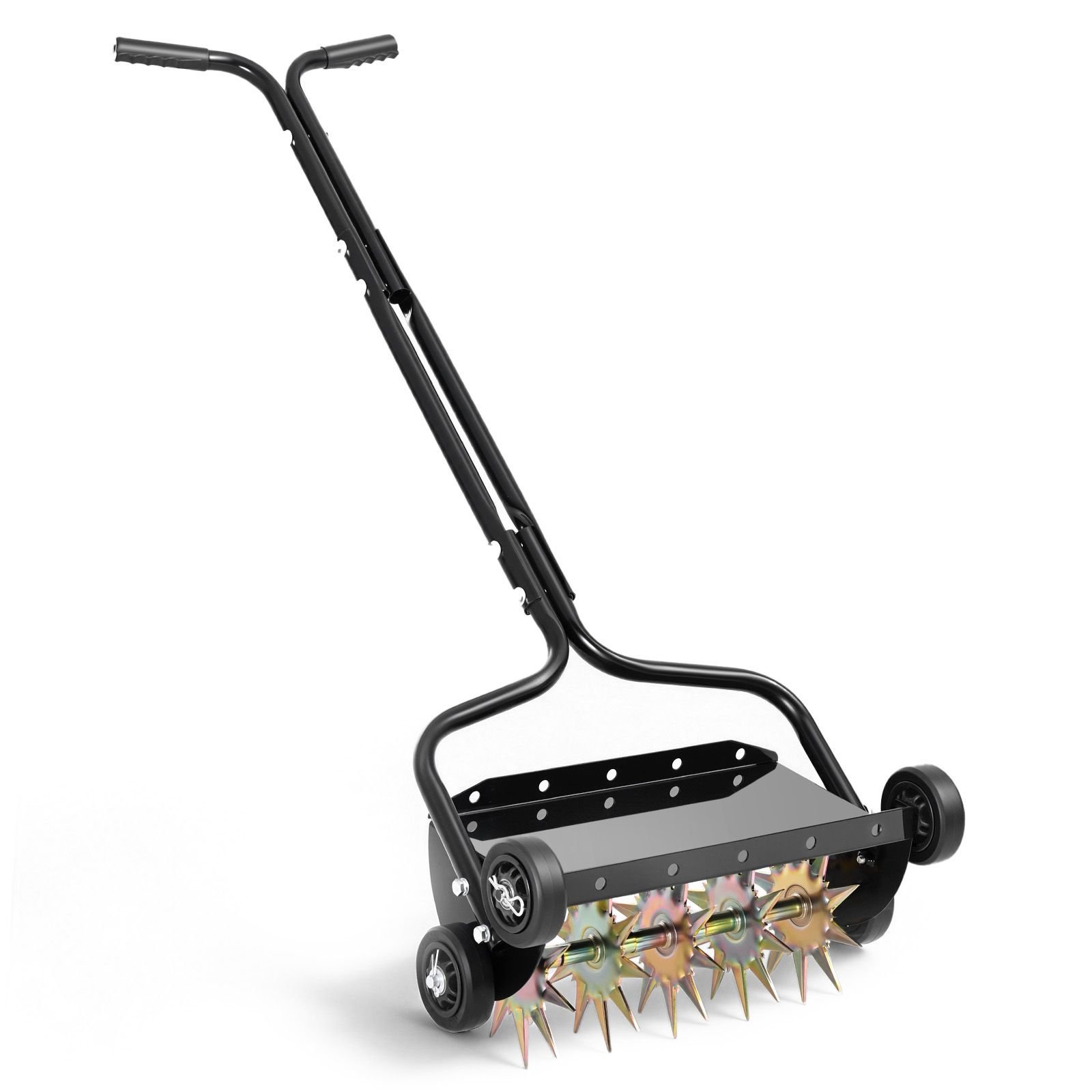 lawn aerator, 18 in manual push spike aerator with 4 wheels & handle, heavy duty grass aerators, supports 40 lbs added weight, rolling lawn aeration tool for garden yard aeration soil health