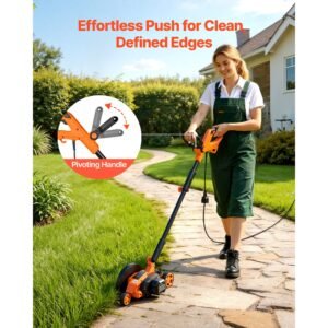 lawn edger, 8 inch blade length, 12 amp electric edger lawn tool, 4000 rpm, with 3 position blade depth, 65 mn, pivoting handle, dual wheels, for lawns, driveways, yards, and sidewalk edges