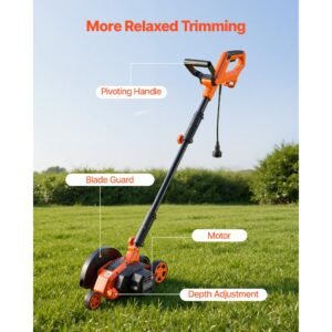 lawn edger, 8 inch blade length, 12 amp electric edger lawn tool, 4000 rpm, with 3 position blade depth, 65 mn, pivoting handle, dual wheels, for lawns, driveways, yards, and sidewalk edges