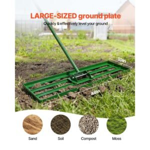 lawn leveling rake, 48"x10" level lawn tool, heavy duty lawn leveler with 78" steel extended handle, yard leveling rake suit for garden, golf lawn, farm