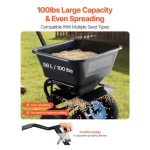 lawn spreader, 100lbs capacity, walk behind push spreader, 0 9.8ft spreading width, 13 in all terrain pneumatic tires, fertilizer spreaders with hopper grate, for seed salt ice melt