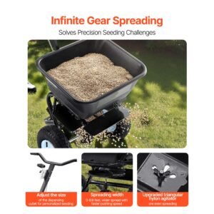 lawn spreader, 100lbs capacity, walk behind push spreader, 0 9.8ft spreading width, 13 in all terrain pneumatic tires, fertilizer spreaders with hopper grate, for seed salt ice melt