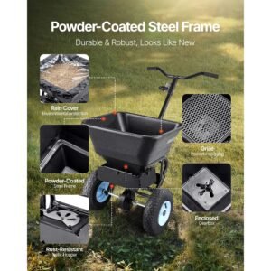lawn spreader, 100lbs capacity, walk behind push spreader, 0 9.8ft spreading width, 13 in all terrain pneumatic tires, fertilizer spreaders with hopper grate, for seed salt ice melt