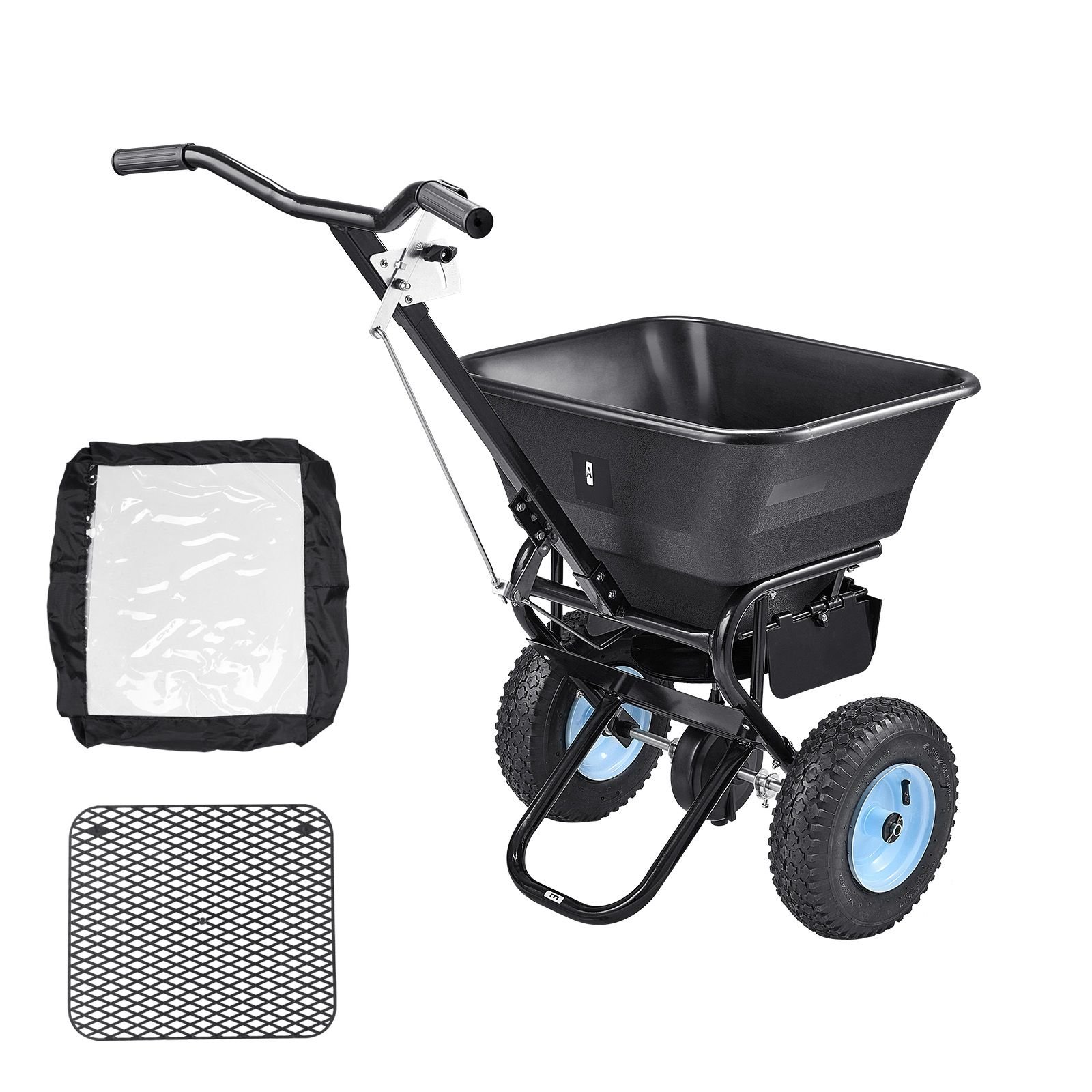 lawn spreader, 100lbs capacity, walk behind push spreader, 0 9.8ft spreading width, 13 in all terrain pneumatic tires, fertilizer spreaders with hopper grate, for seed salt ice melt