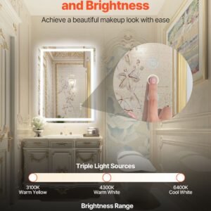 led bathroom mirror, 24" x 32" led bathroom vanity mirror with frontlit and backlit, anti fog memory mirror with lights, stepless 3 colors temperature dimmable bathroom mirror, wall mounted