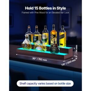 led lighted liquor bottle display, 2 tier 30 inch whiskey rack, support usb, illuminated home bar shelf with rf remote & app control, 7 static colors, acrylic+ wood lighted shelf for 15 bottles