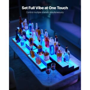 led lighted liquor bottle display, 2 tier 30 inch whiskey rack, support usb, illuminated home bar shelf with rf remote & app control, 7 static colors, acrylic+ wood lighted shelf for 15 bottles