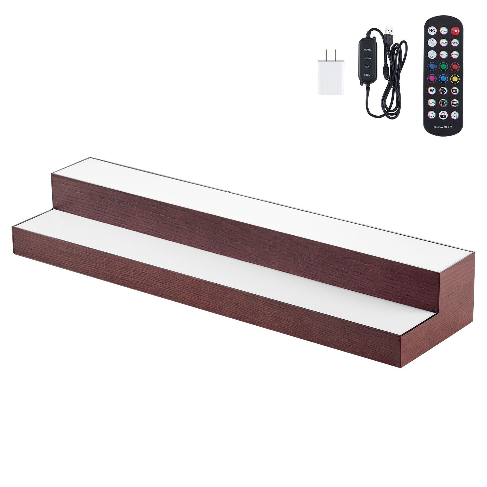 led lighted liquor bottle display, 2 tier 30 inch whiskey rack, support usb, illuminated home bar shelf with rf remote & app control, 7 static colors, acrylic+ wood lighted shelf for 15 bottles