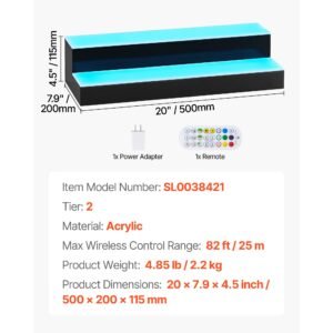 led lighted liquor bottle display, 2 tiers 20 inches whiskey rack, supports usb, illuminated home bar shelf with rf remote & app control, 9 static colors, acrylic lighted shelf for 10 bottles