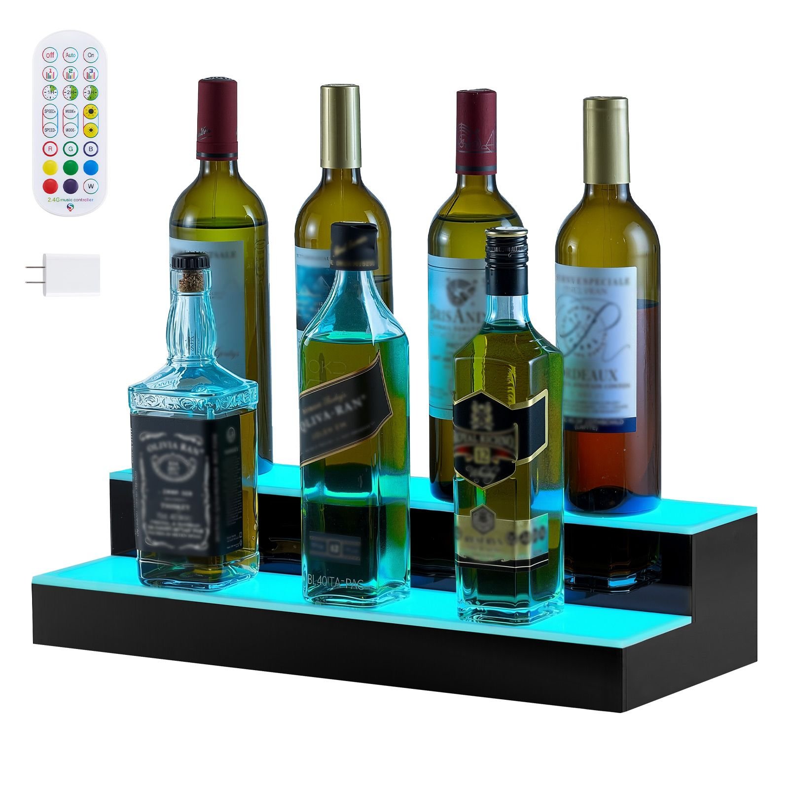 led lighted liquor bottle display, 2 tiers 20 inches whiskey rack, supports usb, illuminated home bar shelf with rf remote & app control, 9 static colors, acrylic lighted shelf for 10 bottles