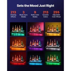 led lighted liquor bottle display, 2 tiers 24 inches, supports usb, acrylic illuminated home bar shelf display with rf remote & app control, 9 static colors, timing mode, for 12 16 bottles