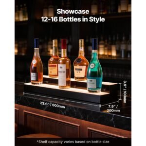 led lighted liquor bottle display, 2 tiers 24 inches, supports usb, acrylic illuminated home bar shelf display with rf remote & app control, 9 static colors, timing mode, for 12 16 bottles