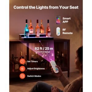 led lighted liquor bottle display, 2 tiers 24 inches, supports usb, acrylic illuminated home bar shelf display with rf remote & app control, 9 static colors, timing mode, for 12 16 bottles