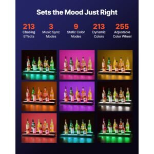led lighted liquor bottle display, 2 tiers 30 inches, supports usb, acrylic illuminated home bar shelf display with rf remote & app control, 9 static colors, timing mode, for 14 20 bottles