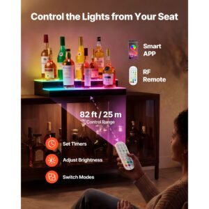 led lighted liquor bottle display, 2 tiers 30 inches, supports usb, acrylic illuminated home bar shelf display with rf remote & app control, 9 static colors, timing mode, for 14 20 bottles