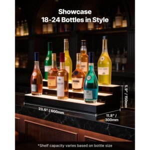 led lighted liquor bottle display, 3 tiers 24 inches, supports usb, acrylic illuminated home bar shelf display with rf remote & app control, 9 static colors, timing mode, for 18 24 bottles